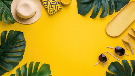 Vibrant flatlay image featuring a straw hat, sunglasses, and tropical leaves on a sunny yellow background, perfect for conveying summer vibes and relaxation themes.の素材