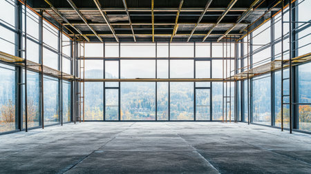 Captivating industrial interior space under construction, featuring expansive glass windows that showcase a breathtaking mountain landscape, perfect for design projects.の素材