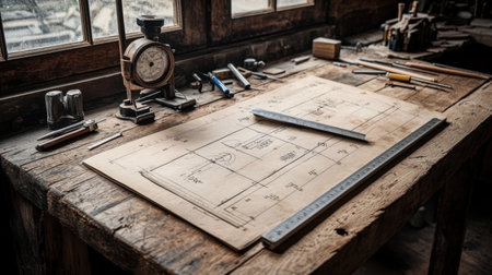 A vintage workshop displays detailed blueprints and various woodworking tools on a rustic wooden table, evoking a creative atmosphere for craft enthusiasts and artisans.の素材