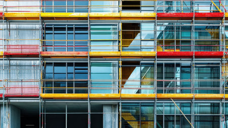 Close-up view of a modern building facade under construction featuring scaffolding and vibrant colors, highlighting the urban development process and architectural design elements.の素材
