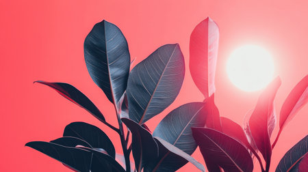 Silhouetted green leaves contrast beautifully against a vivid red sky illuminated by radiant sunlight, creating an eye-catching backdrop perfect for creative projects.の素材