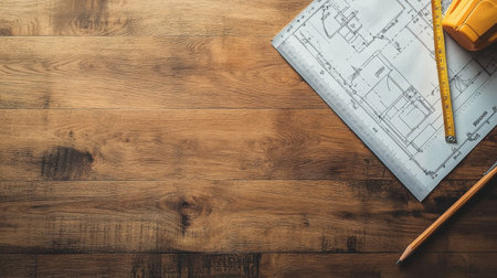A focused view of an architectural blueprint on a wooden desk, accompanied by a pencil, ruler, and tape measure, highlighting the detailed planning phase of project development.の素材