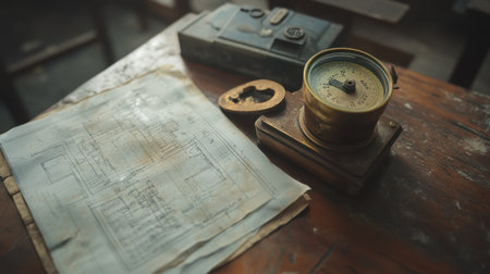 A nostalgic workspace with a vintage compass, architectural blueprint, and an old toolbox, showcasing the beauty of traditional craftsmanship and the creative design process.の素材