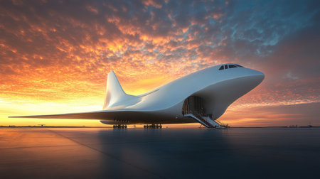 A mesmerizing view of a futuristic aircraft design set against a vibrant sunset, showcasing sleek lines and innovative architecture that inspire the future of travel and exploration.の素材