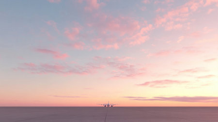 An airplane sits quietly on a runway under a vibrant dusk sky filled with pastel clouds, creating a tranquil atmosphere that evokes a sense of peace and adventure.の素材