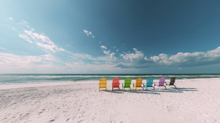A vibrant scene of colorful beach chairs on a sandy shoreline invites relaxation. The bright sky and gentle ocean waves create a perfect summer getaway atmosphere.の素材