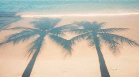 A captivating view of palm tree shadows on soft beach sand, showcasing a tranquil atmosphere by the ocean, perfect for inspiring relaxation and escape.の素材