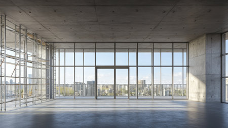 Bright and airy modern interior space featuring large windows that provide stunning urban views and natural light, perfect for creative design projects and inspiration.の素材