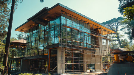 A striking modern building under construction showcases a stunning glass facade with scaffolding in a lush outdoor environment, exemplifying contemporary architectural design.の素材