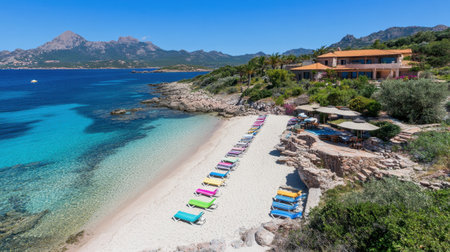 A stunning aerial view of a tranquil beach featuring vibrant loungers and sparkling water, set against majestic mountain scenery on a bright sunny day.の素材