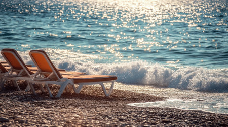 Enjoy a serene beach scene featuring comfortable loungers on a pebble shore, with gentle waves lapping at the coast under a sparkling sunlit sky. Perfect for relaxation.の素材