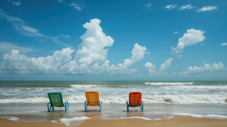 Serene beach scene featuring colorful chairs facing the ocean, inviting relaxation under a bright blue sky with fluffy white clouds. Perfect for summer retreats.の素材