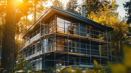 A modern house under construction, encased in scaffolding, set amidst trees. The warm sunset light creates a serene atmosphere, highlighting the elegant design of the structure.の素材