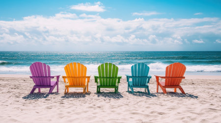 A stunning display of colorful beach chairs set against a serene ocean backdrop, inviting relaxation and capturing the essence of a perfect summer day by the shore.の素材