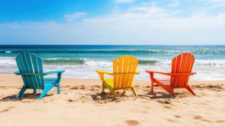 Colorful beach chairs add vibrancy to a serene coastline, inviting relaxation and enjoyment. Perfect for themes related to summer, travel, and leisure moments by the sea.の素材