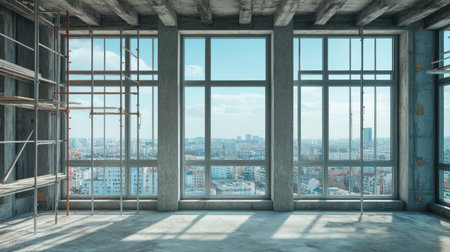 Bright, spacious interior of a high-rise building under construction, showcasing large windows with a stunning view of the city skyline, highlighting urban potential.の素材