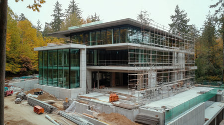 A modern building under construction showcases glass walls and scaffolding surrounded by vibrant greenery, illustrating contemporary architectural trends and urban development.の素材