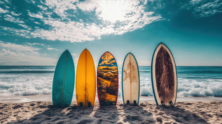 A stunning arrangement of colorful surfboards resting on a sandy beach, with gentle waves crashing in the background and a vibrant sky overhead, evoking a sense of adventure and relaxation.の素材