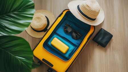 Explore vibrant travel essentials including sun hats, sunglasses, and a bright suitcase, perfect for inspiring your next summer adventure in a tropical setting.の素材