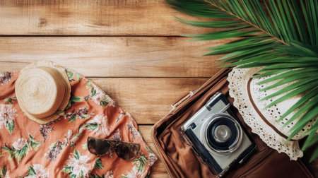 A picturesque flat lay capturing the essence of summer travel, featuring a vintage camera, sunglasses, and a sun hat against a rustic wooden backdrop. Perfect for travel inspiration.の素材