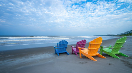 Vibrant beach chairs line the sandy shore, creating a picturesque scene under a dramatic sky. This tranquil setting invites leisurely moments by the calming ocean waves.の素材
