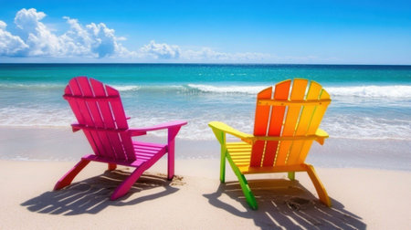 Two vibrant beach chairs stand facing the ocean, inviting relaxation under a clear blue sky, creating a perfect tropical getaway atmosphere for vacationers.の素材