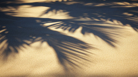 Beautiful shadows created by palm leaves on a sandy beach capture the essence of a tropical escape, providing a serene and calming backdrop for relaxation and leisure activities.の素材