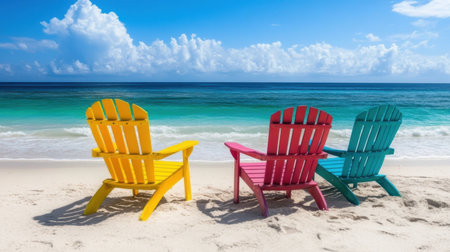 Colorful Adirondack chairs on a pristine beach offer a tranquil escape with calm waves and a stunning blue sky, creating a perfect spot for relaxation and enjoying nature.の素材