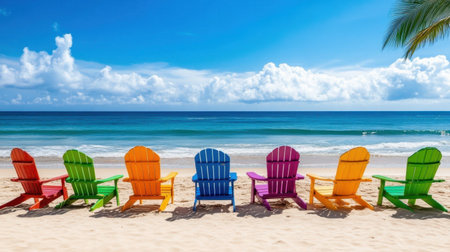 Brightly colored beach chairs await visitors on a sunny shore, showcasing a perfect scene for relaxation and enjoyment by the tranquil ocean waters.の素材