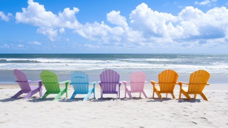 Vibrant pastel-colored Adirondack chairs line a sandy beach, set against a stunning blue sky and rolling ocean waves, creating a perfect spot for relaxation and enjoyment by the seaside.の素材