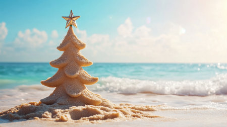 A creative sandy Christmas tree stands proudly on a sparkling beach, blending holiday charm with the beauty of a tropical paradise and shimmering ocean waves.の素材
