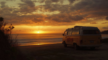 A serene scene of a vintage camper van parked on a beach at sunset, with rolling waves and a colorful sky, perfect for travelers seeking adventure and relaxation.の素材