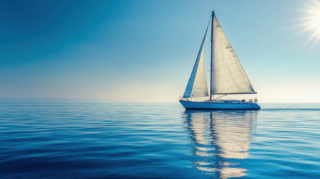 A serene image of a sailboat navigating calm waters under a clear blue sky, capturing the essence of peacefulness and adventure at sea with sunlight reflections.の素材