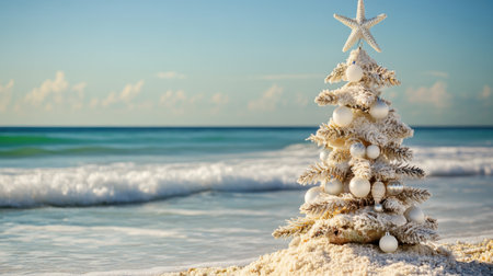 Celebrate the holidays with this enchanting scene of a decorated pine tree on the beach, surrounded by soft sand and gentle ocean waves under a clear sky.の素材