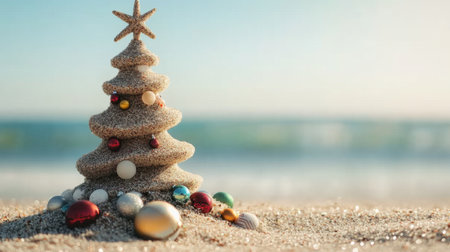 A unique sandy Christmas tree adorned with colorful ornaments and shells, embodying the holiday spirit at a serene beach with gentle ocean waves in the background.の素材