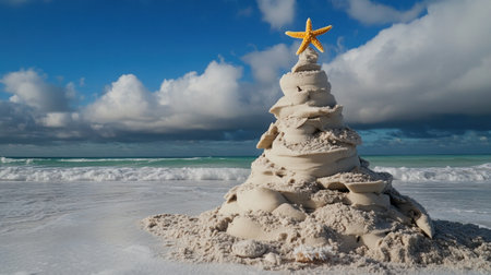 A creative sand sculpture of a Christmas tree with a starfish atop, beautifully set against a stunning beach backdrop with gentle waves and a dramatic sky.の素材