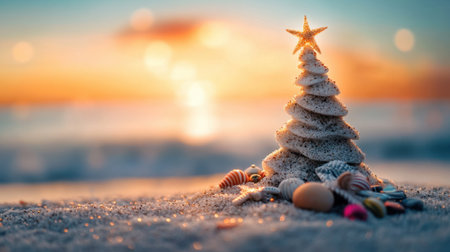 This captivating scene showcases a unique Christmas tree made of sand, adorned with colorful shells and a star, illuminated by a stunning beach sunset, perfect for holiday joy.の素材