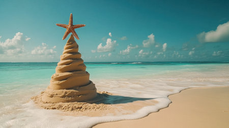A stunning sand sculpture resembling a festive tree adorned with a starfish, beautifully positioned on a tranquil beach, surrounded by gentle waves and a bright blue sky.の素材