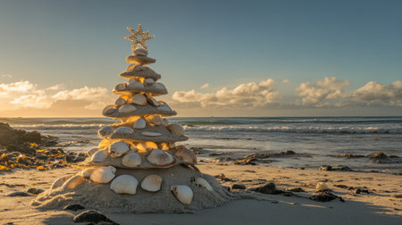 A beautiful Christmas tree crafted from seashells stands proudly on the beach at sunset, combining holiday spirit with the serene ambiance of the ocean, perfect for festive celebrations.の素材