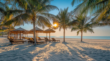 A stunning beach scene at sunrise features palm trees, loungers, and tranquil waters. This idyllic setting invites relaxation and captures the essence of tropical paradise.の素材