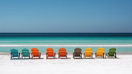 Colorful beach chairs line the shore, inviting relaxation against the backdrop of gentle waves and a vibrant sky, perfect for a tranquil day by the ocean.の素材
