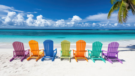 A stunning view of brightly colored beach chairs arranged on soft white sand, overlooking a serene turquoise ocean under a clear blue sky, perfect for a tropical getaway.の素材