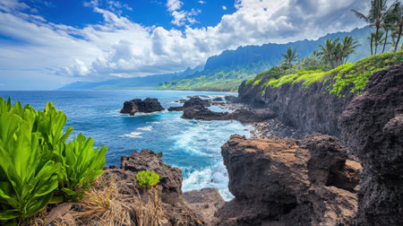 A breathtaking coastal scene featuring rugged rocks, vibrant greenery, and towering mountains under a vibrant sky, perfect for nature lovers and travel enthusiasts.の素材