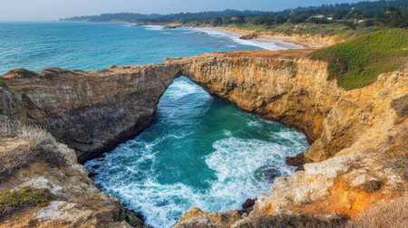 Breathtaking view of a natural rock arch along the rugged coast, with vibrant turquoise waters crashing against cliffs under a clear blue sky, showcasing natureの素材