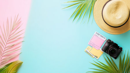 A bright flat lay featuring a camera, a sun hat, and tropical leaves against a colorful background, perfect for summer travel inspiration and vacation planning.の素材