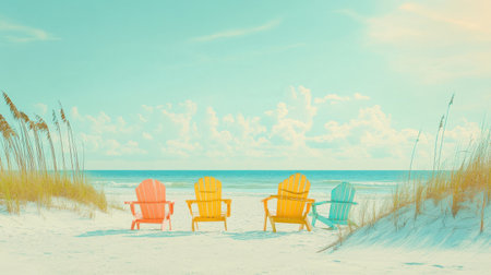 A serene scene of colorful beach chairs arranged on sandy shores, inviting relaxation and enjoyment of the beautiful ocean view and blue skies. Perfect for summer inspirations.の素材