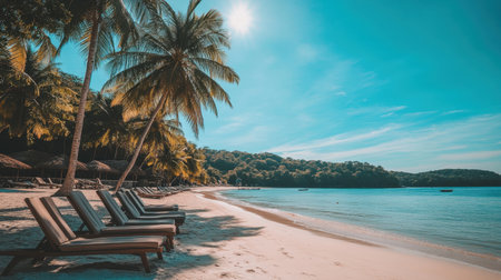 A stunning beach scene featuring palm trees and lounge chairs, set against a vibrant blue sky and tranquil ocean. Ideal for relaxation and vacation imagery.の素材
