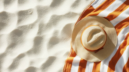 A stylish straw hat is placed on a colorful striped beach towel on soft sand, creating a perfect summer scene ideal for travel and leisure promotion.の素材