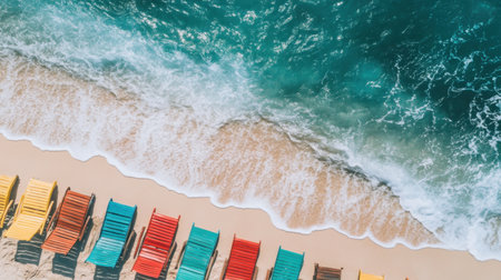 A stunning aerial view of colorful beach loungers arranged along the sandy shoreline, complemented by gentle ocean waves on a bright sunny day, perfect for vacation escape.の素材
