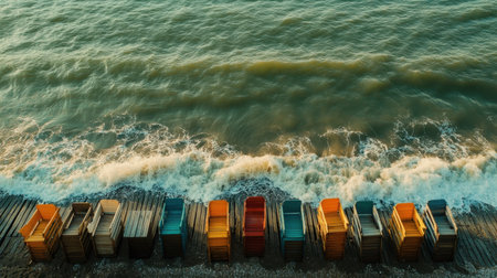 Stacked colorful beach chairs along the shoreline with gentle waves creating a serene atmosphere, perfect for relaxation and beach vacations by the ocean at sunset.の素材
